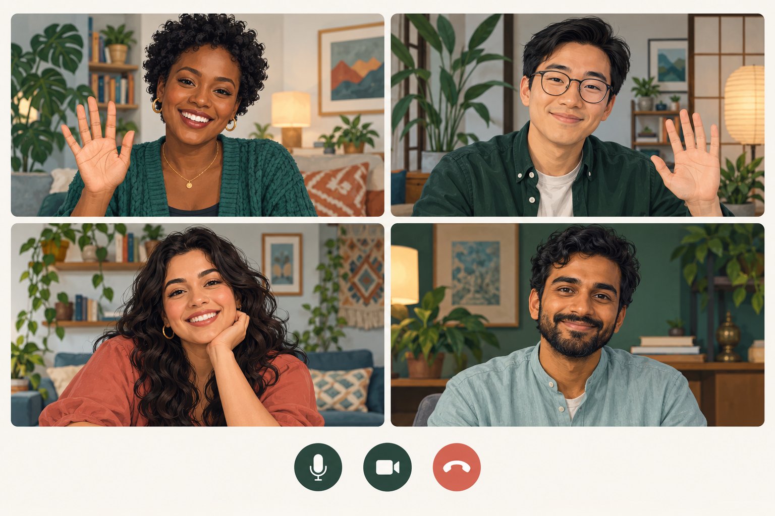 Four distinct adults in a small group video call