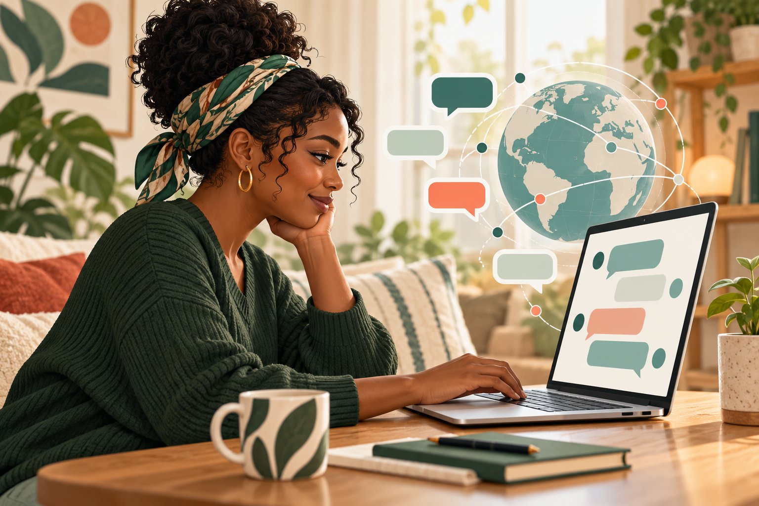 An adult woman using message bubbles to start a random text chat