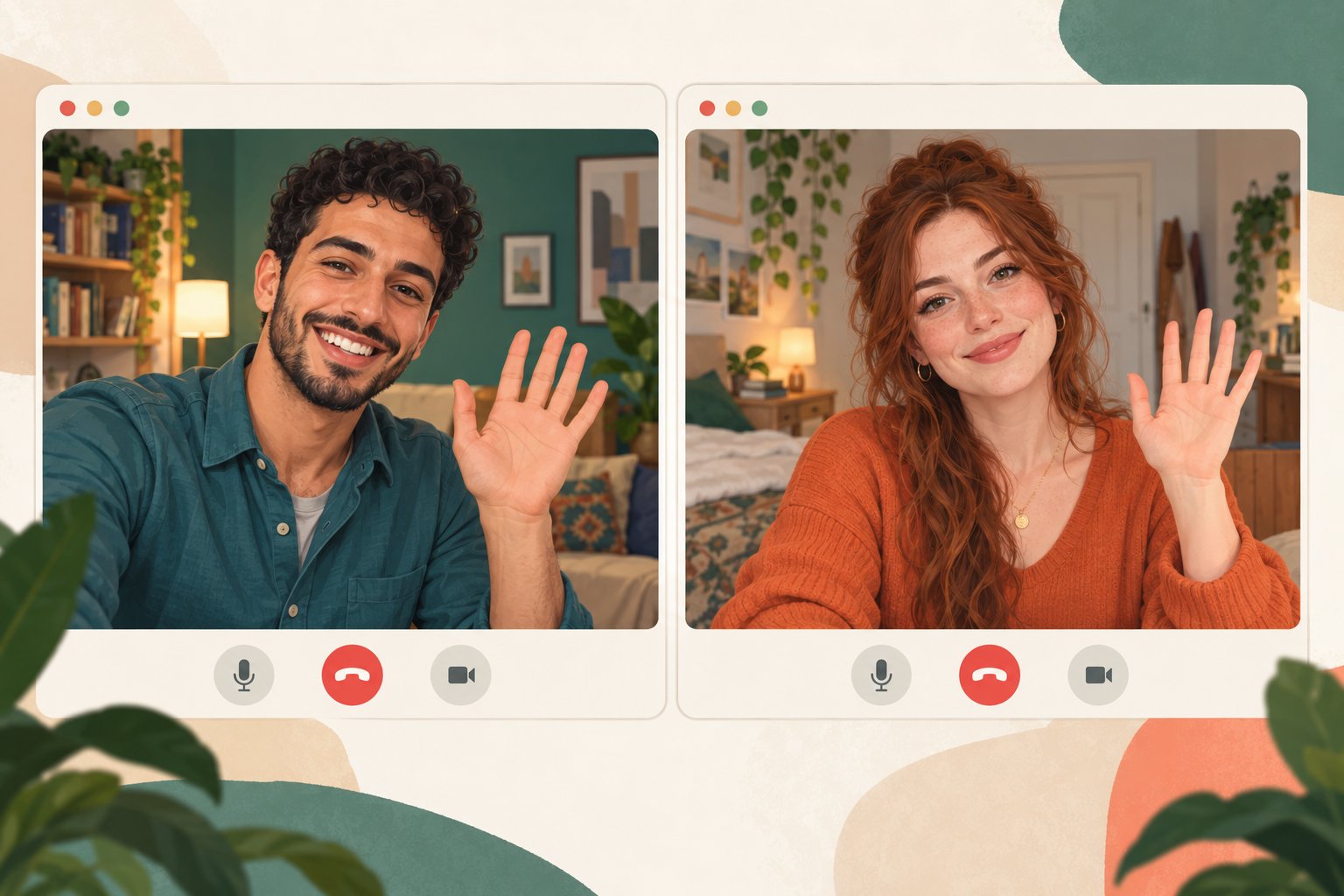 Two different adults greeting one another in a browser video chat