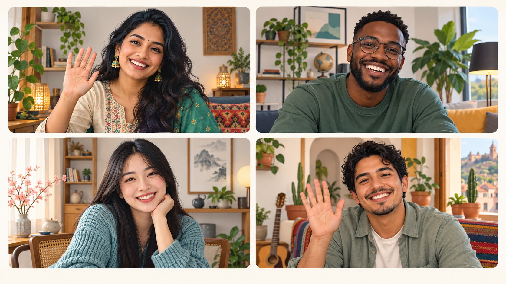Original illustration showing four adults from different backgrounds in separate video chat tiles